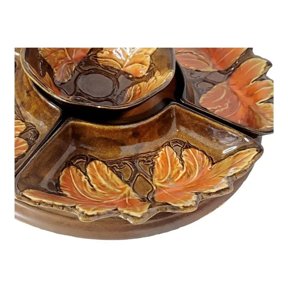 7 Pc Vintage Lazy Susan Fall Themed Red Yellow Leaves Pottery Serving Set‎ USA
